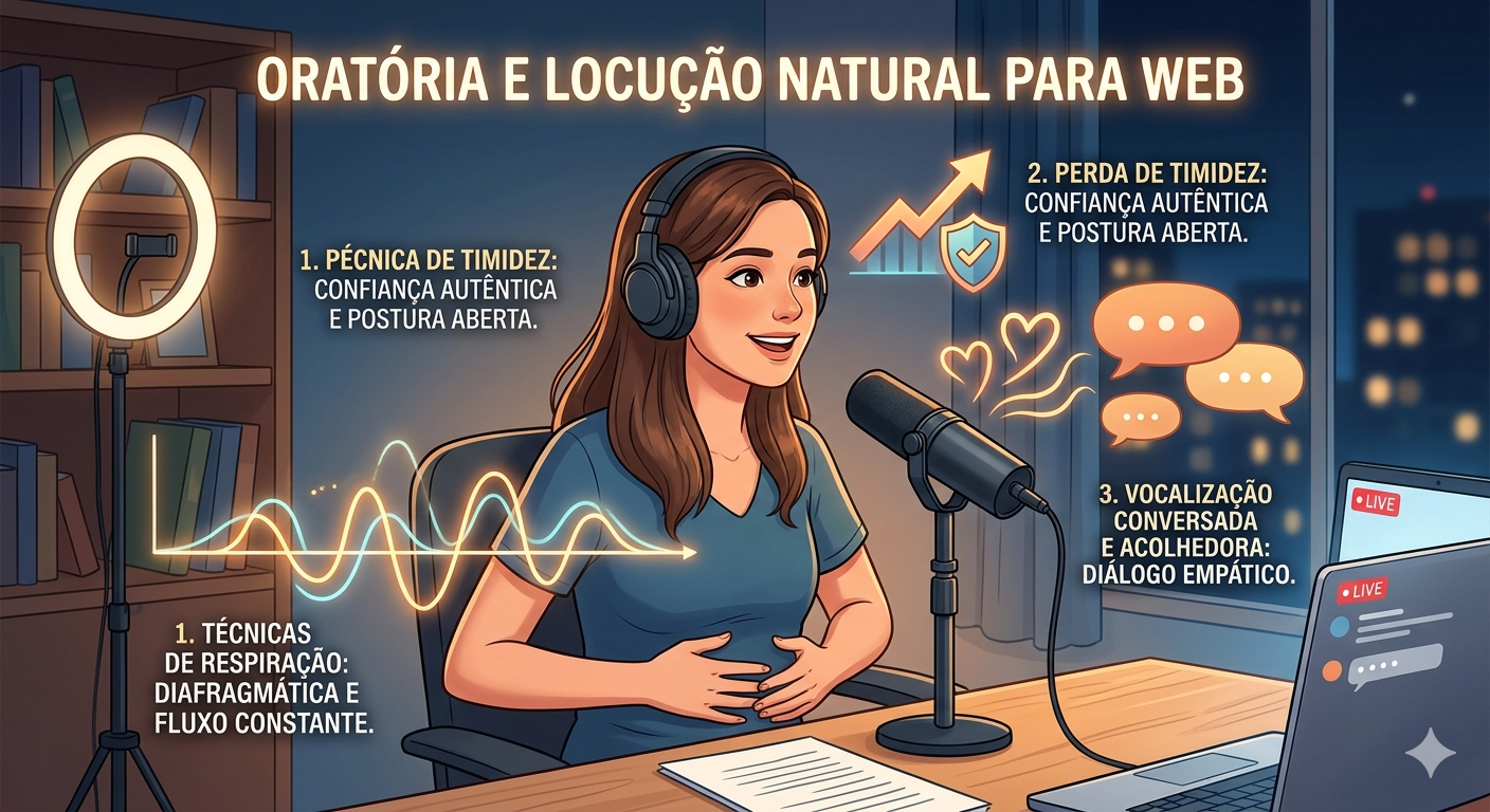 Oratória e Locução Natural para Web: Técnicas de respiração, perda de timidez e vocalização conversada e acolhedora.