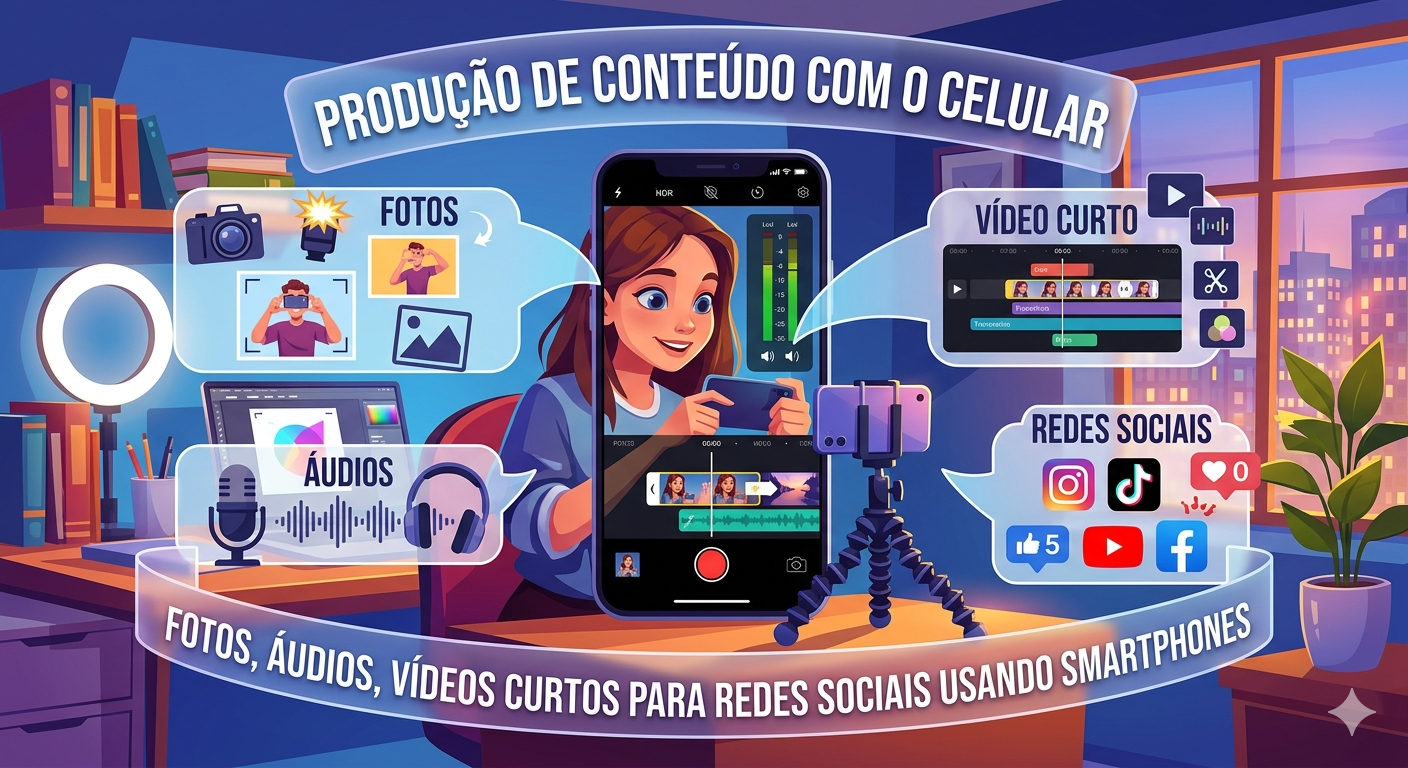 Produção de Conteúdo com o Celular: Captação de fotos, áudios e edição de vídeos curtos para redes sociais usando smartphones.